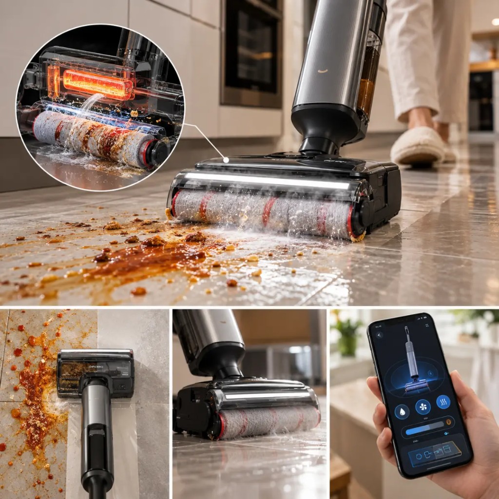 Cleanova™ cu CaldoRinse™ la 90 °C dizolvă grăsimea de pe podeaua din bucătărie